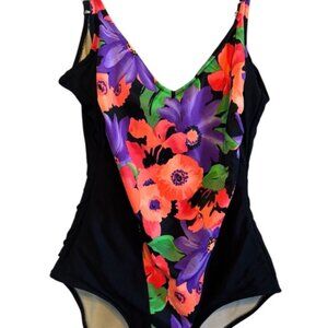 Perfecto Black Floral Beach Cruise One Piece Underwire Swimsuit Size 16